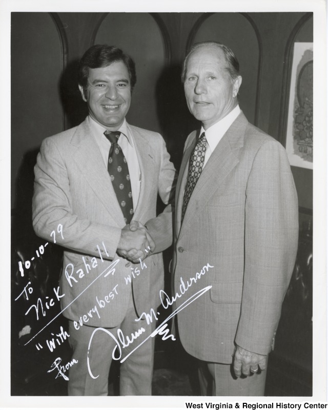 Congressman Nick Rahall II shaking the hand of Congressman Glenn Anderson (D-CA), Chair of Transportation Subcommittee. The photograph is signed "To Nick Rahall -- "With every best wish" from Glenn M. Anderson.